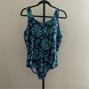 Lands' End Teal and Navy Printed One Piece Swim Suit Size 22